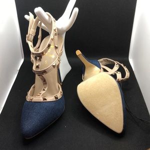 NWT Sz S 6/7 Rue 21 Etc! Denim and Leather Heels